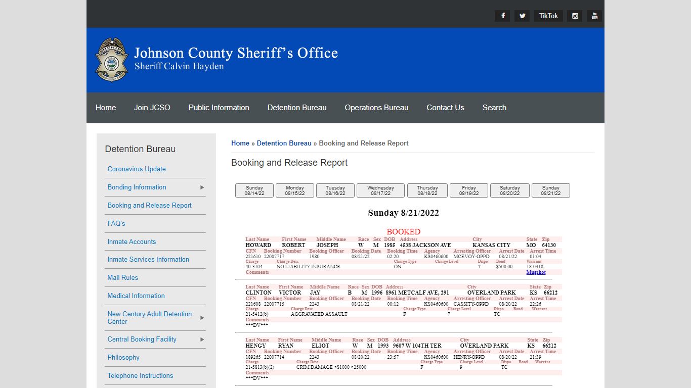 Booking and Release Report | Johnson County Sheriff